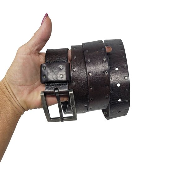 Vtg Kenneth Cole Distressed Silver Studded Leather Belt Sz XL Dark Chocolate - Picture 1 of 15